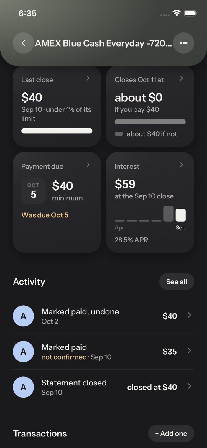 One card's page. A tile says what the card closes at if you pay, and what it closes at if you do not.