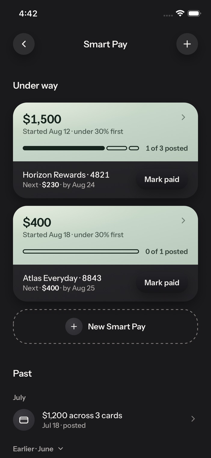 Smart Pay: two amounts under way, each split across cards, with the next payment to mark paid.