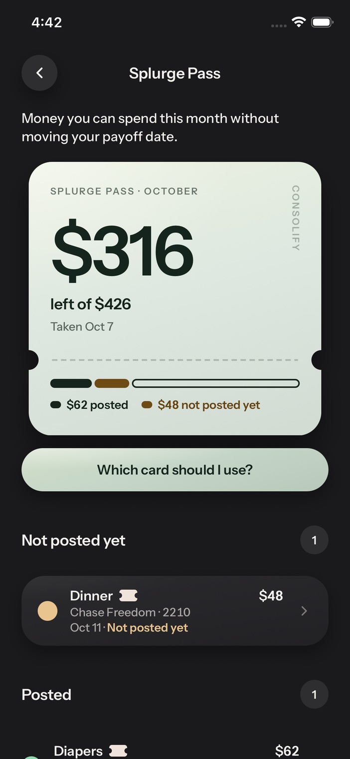 Splurge Pass: a ticket with what is left to spend this month, and the purchases made on it.